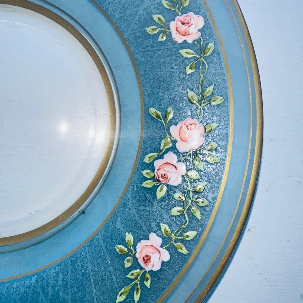 Vintage Blue Glass Plate Pink Rose Floral Hand Painted Gold Trim Lattice Rim